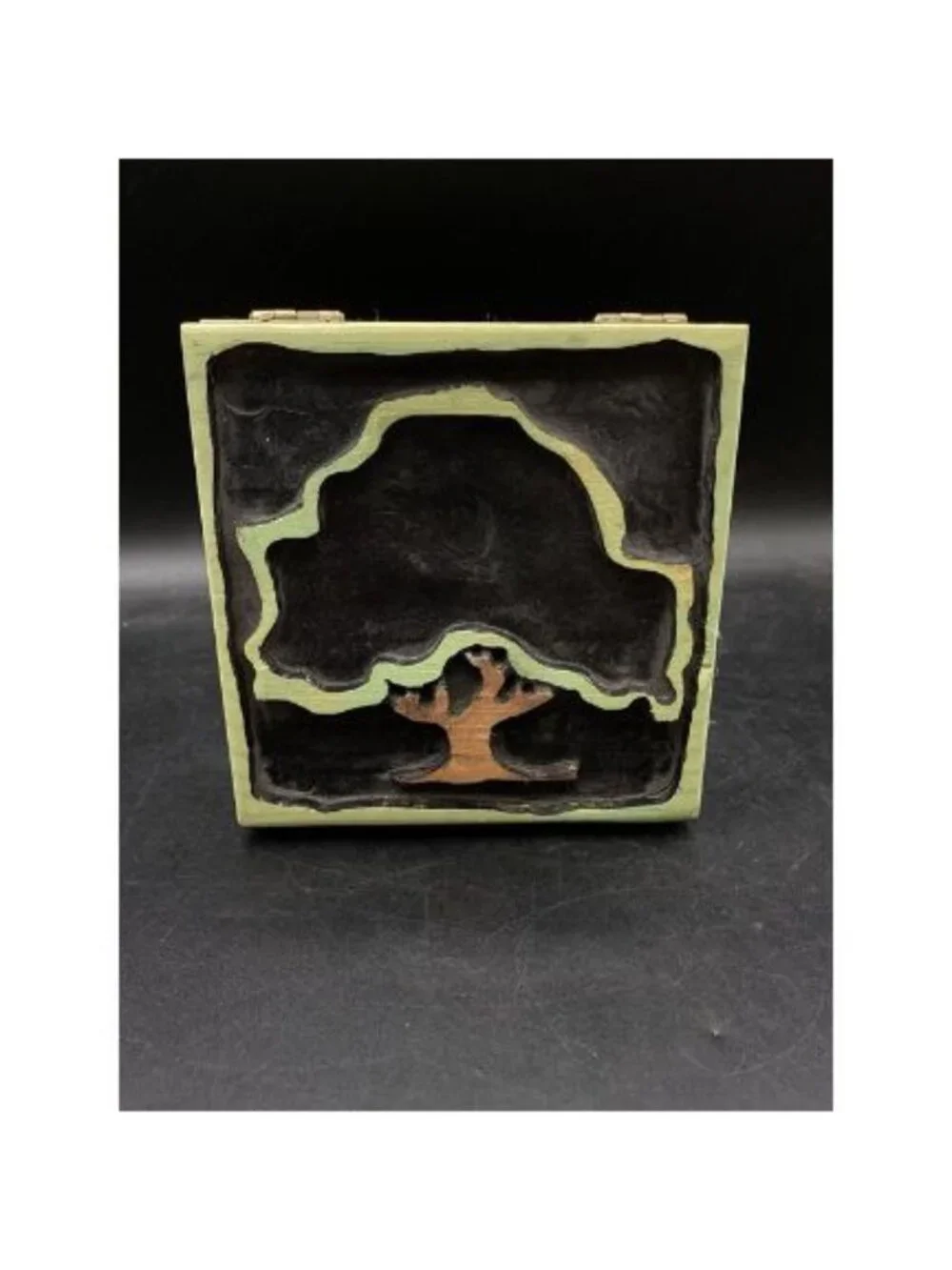 Hand Carved Green Wooden Box Tree of Life Keepsake 6”